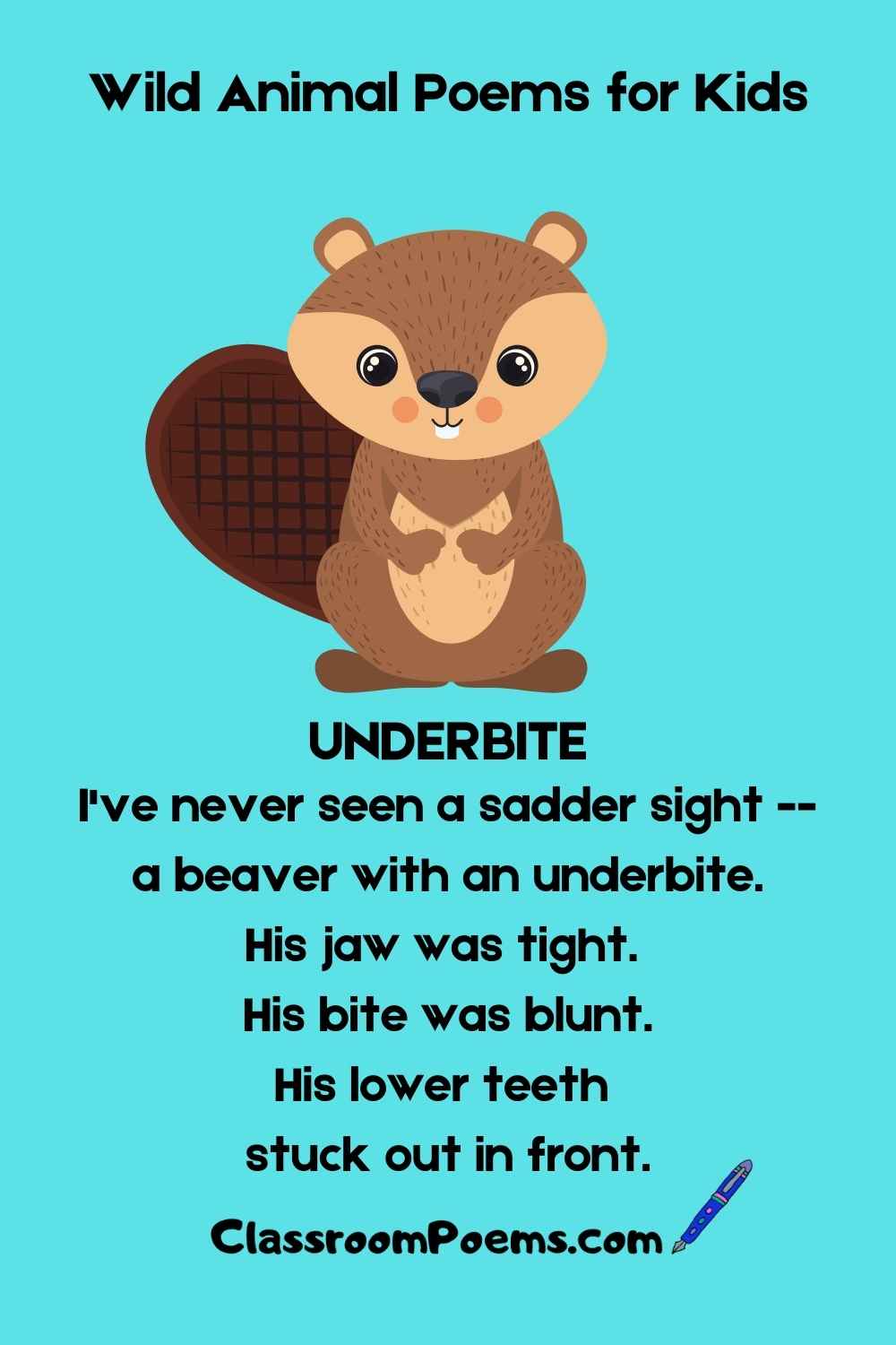 Beaver poem, wild animal poems for kids on ClassroomPoems.com