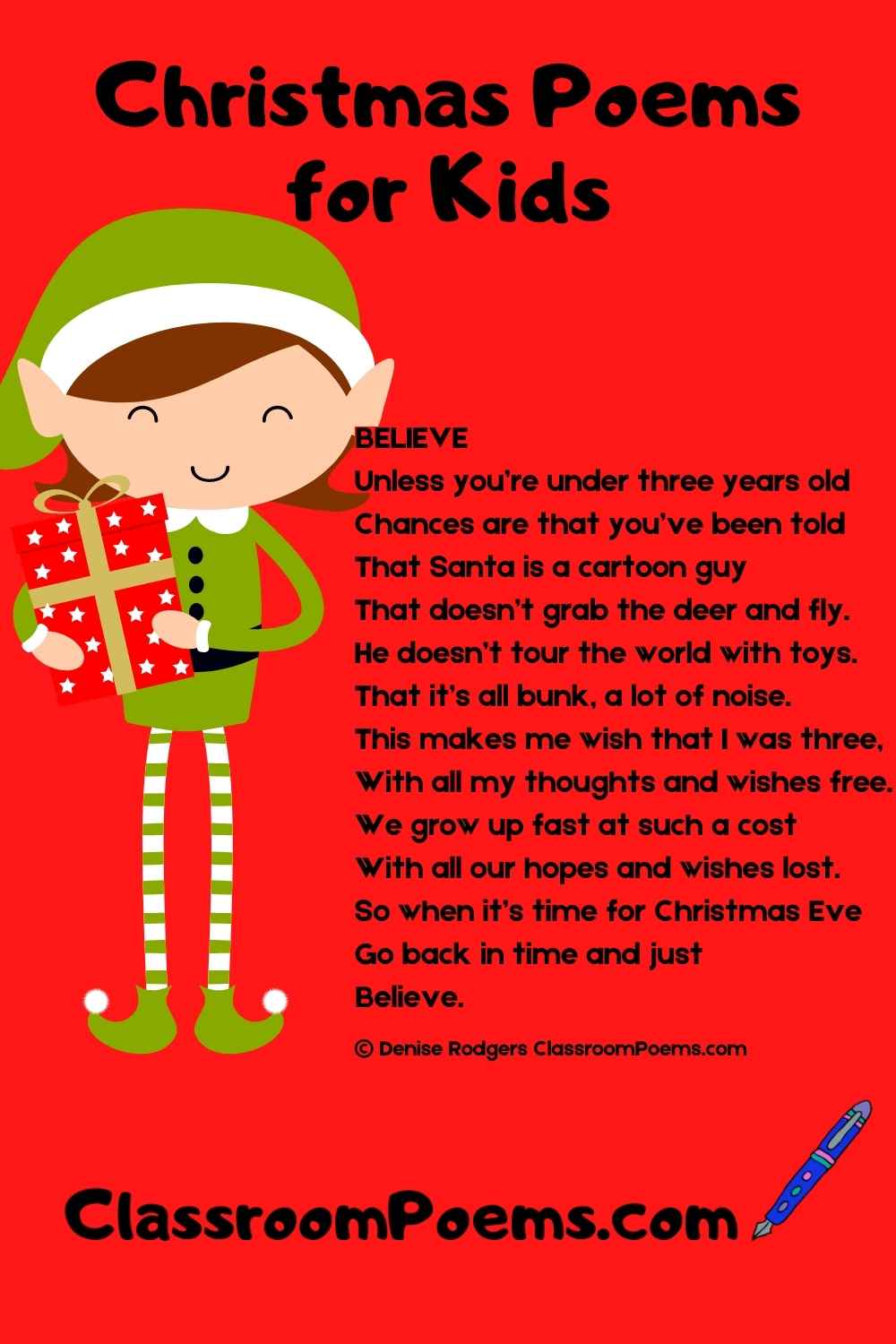 Christmas elf poem for kids by Denise Rodgers on ClassroomPoems.com.
