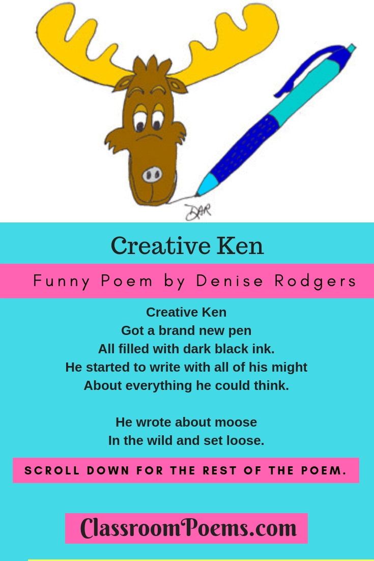 Moose and pen. Illustration for Creative Ken, a funny poem for kids by Denise Rodgers. ClassroomPoems.com