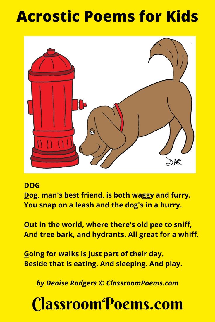 Dog sniffing fire hydrant. DOG acrostic poem for kids by Denise Rodgers on ClassroomPoems.com.