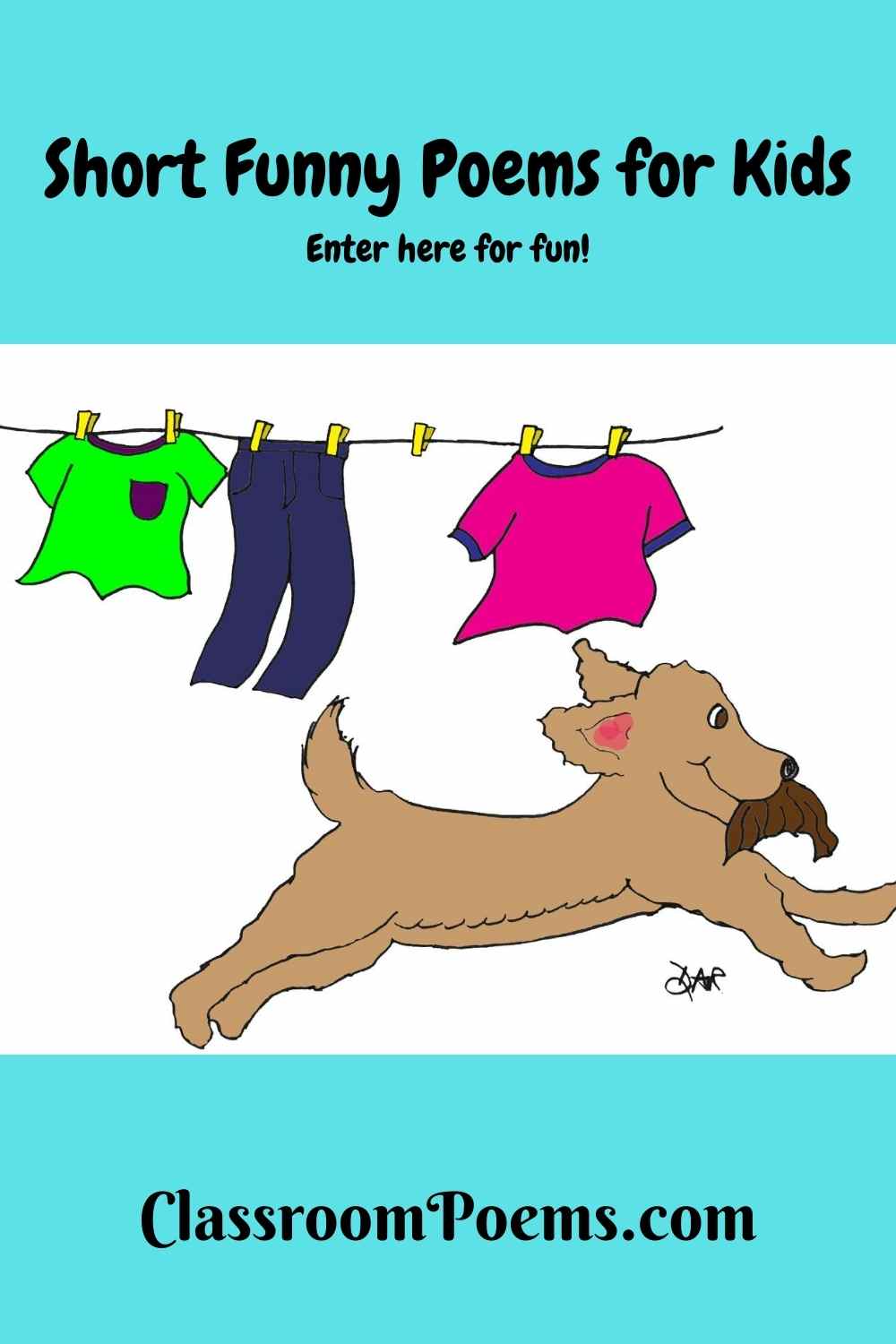 Short funny poems for kids by Denise Rodgers on ClassroomPoems.com. Dog stealing wig.