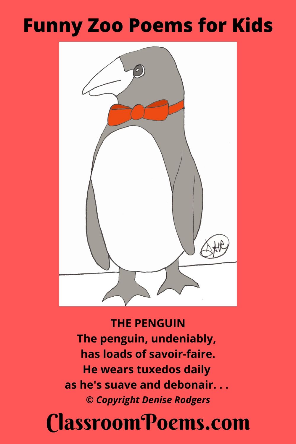 Penguin with bowtie. Funny penguin poem by Denise Rodgers on ClassroomPoems.com.