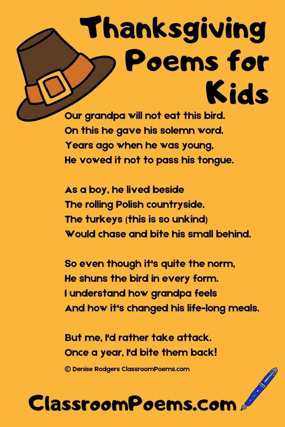 Funny Thanksgiving poem by Denise Rodgers on ClassroomPoems.com.