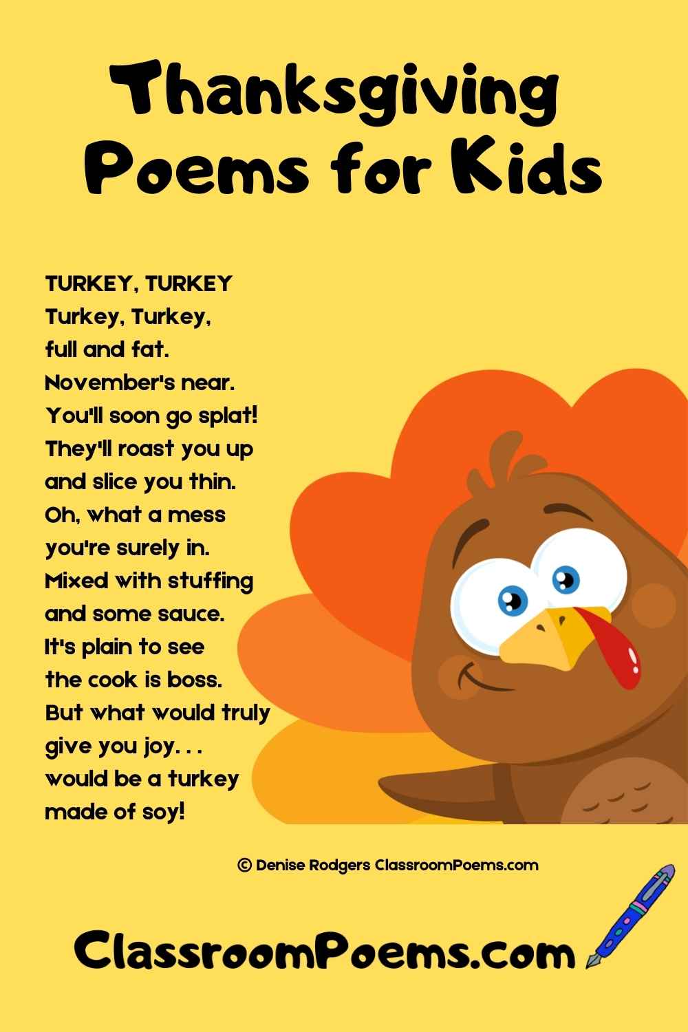 Funny Thanksgiving poem by Denise Rodgers on ClassroomPoems.com.