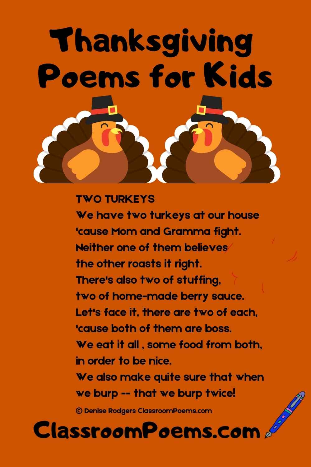 Funny Thanksgiving poem by Denise Rodgers on ClassroomPoems.com.