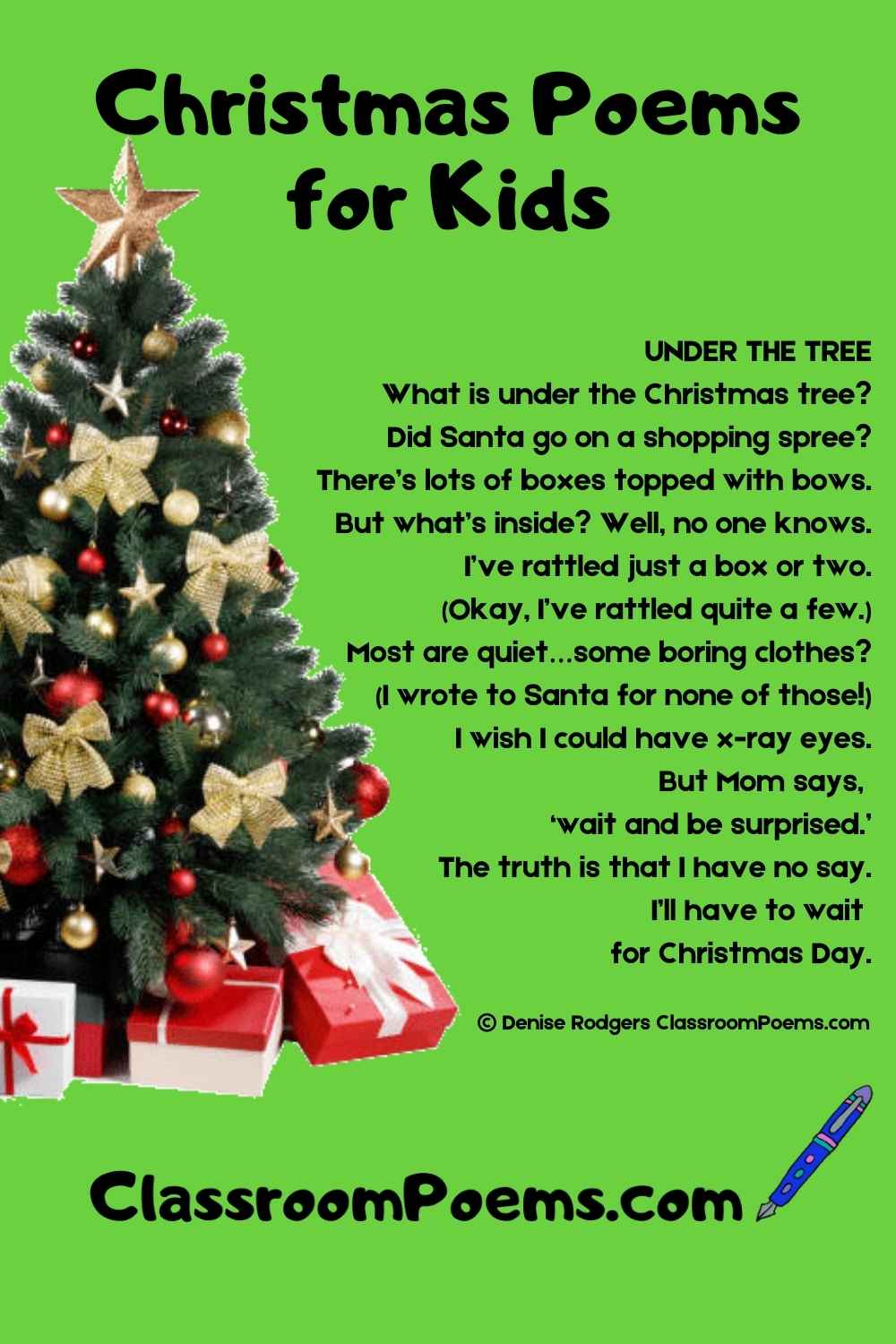Christmas tree poem for kids by Denise Rodgers on ClassroomPoems.com.