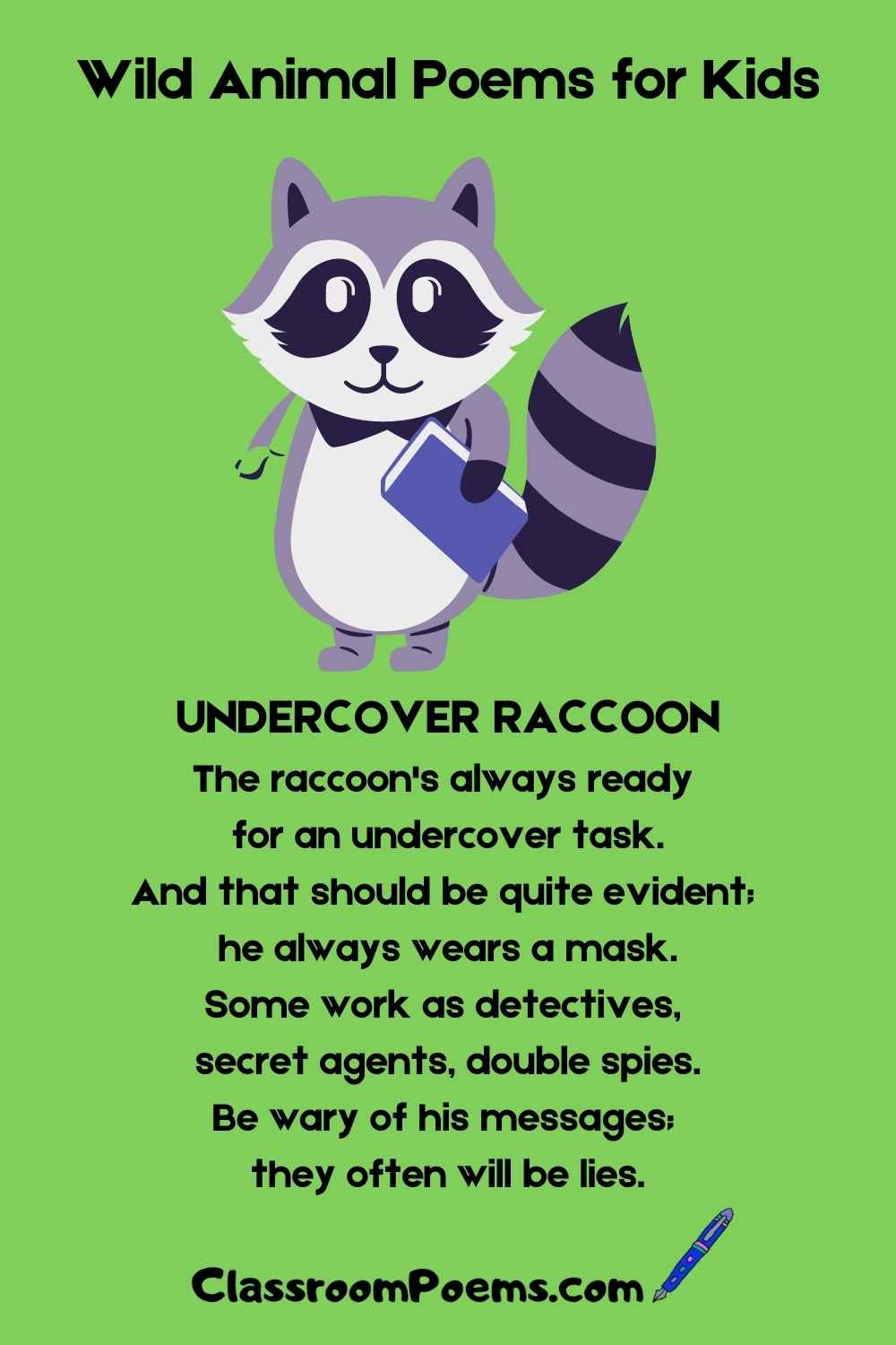 Raccoon poem, wild animal poems for kids on ClassroomPoems.com