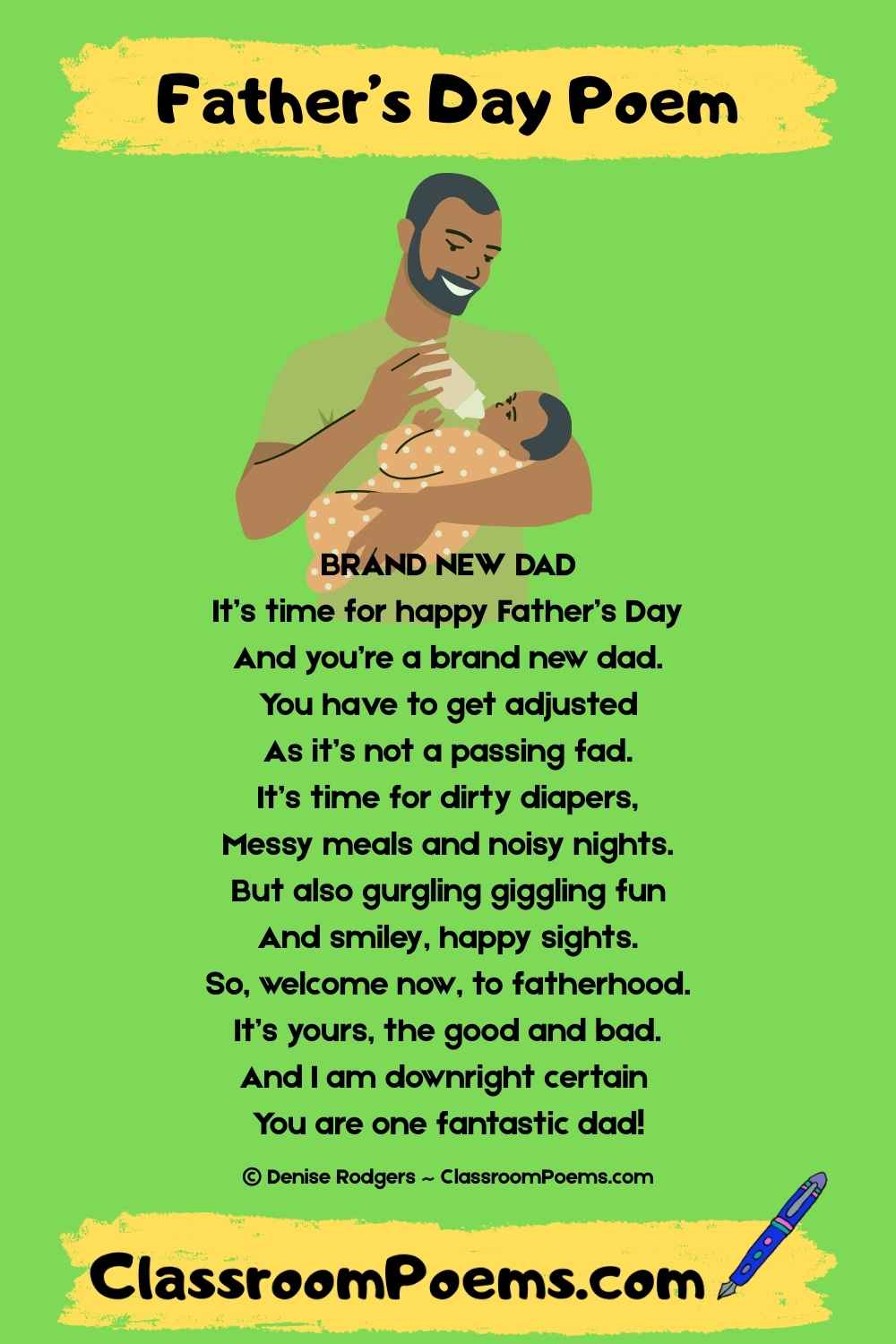 BRAND NEW DAD, a funny Father's Day poem for kids by Denise Rodgers on ClassroomPoems.com.