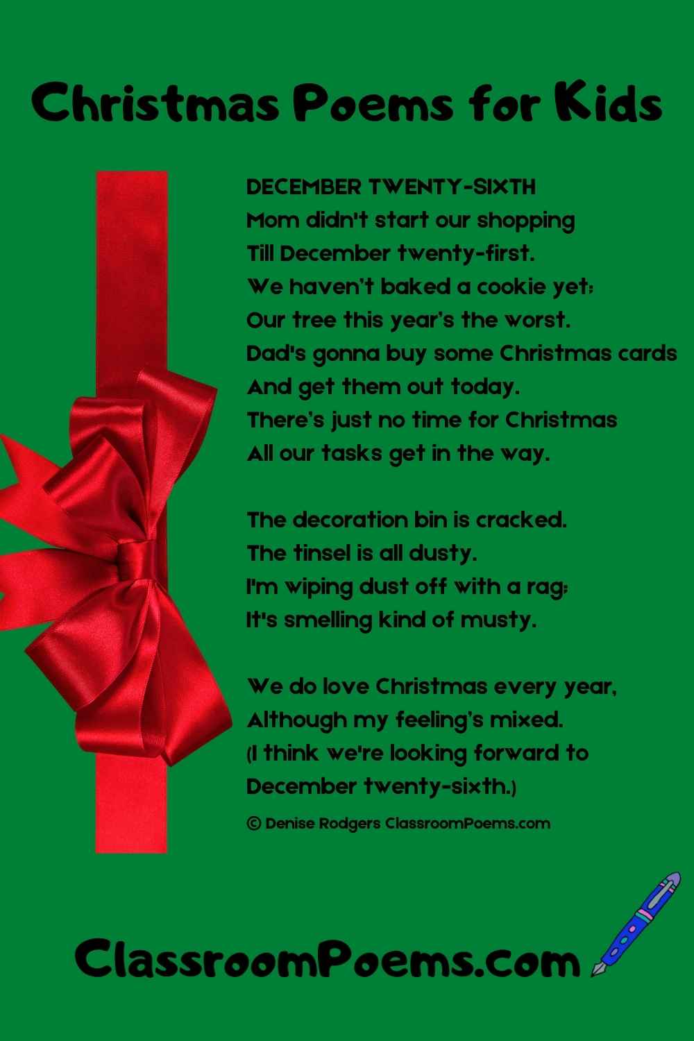 Christmas Day poem for kids by Denise Rodgers on ClassroomPoems.com.