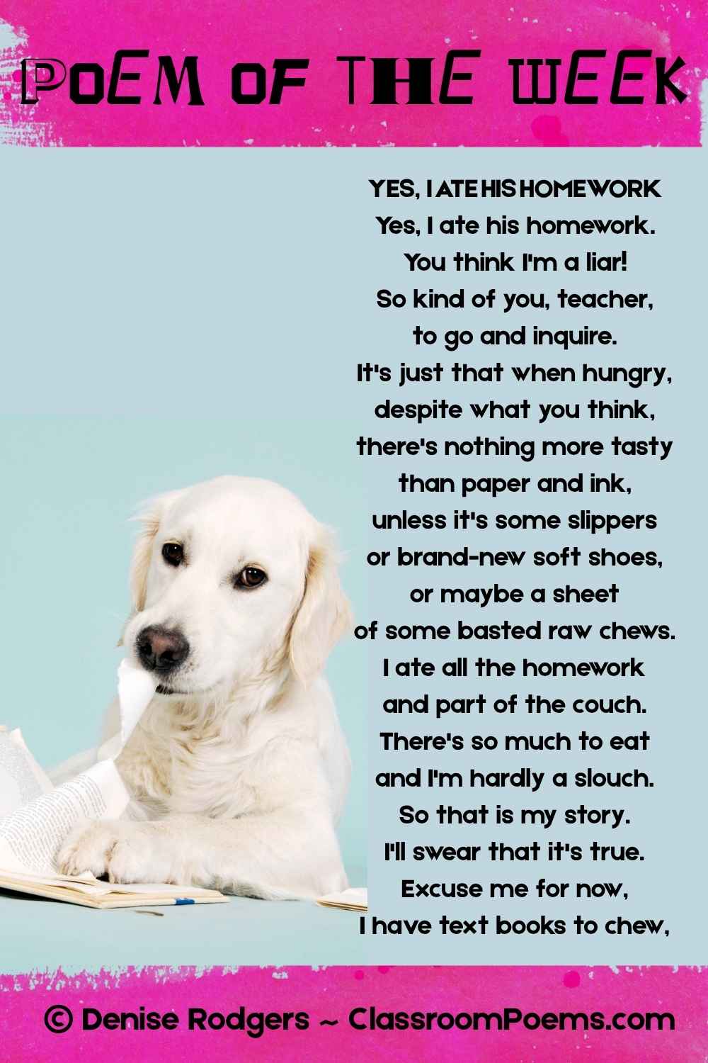 YES, I ATE HIS HOMEWORK, a funny poem of the week about school, by Denise Rodgers on ClassroomPoems.com.