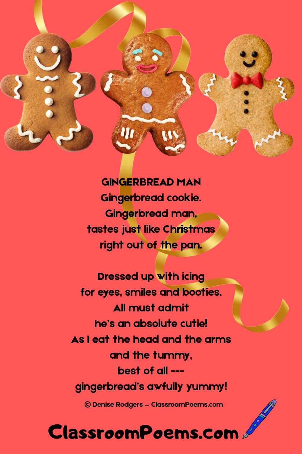 GINGERBREAD MAN Christmas poem for kids by Denise Rodgers on ClassroomPoems.com.