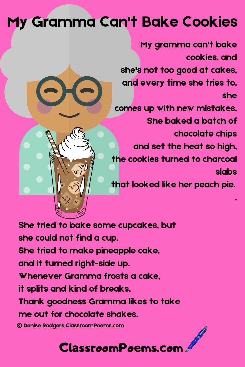MY GRAMMA CAN'T BAKE COOKIES, A funny family poem of the week by Denise Rodgers on ClassroomPoems.com.