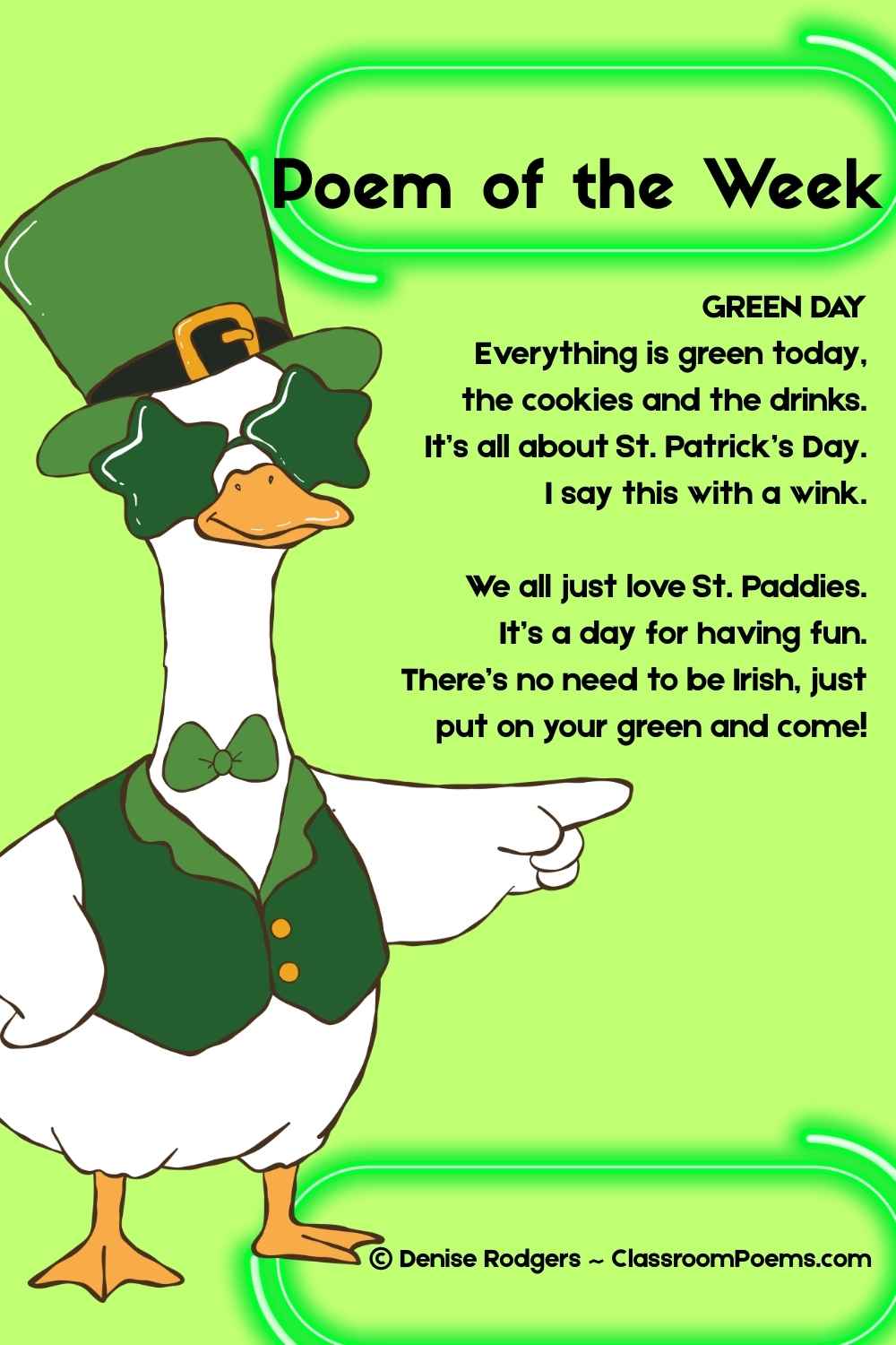 GREEN DAY, a St. Patrick's Day poem of the week by Denise Rodgers  on ClassroomPoems.com.