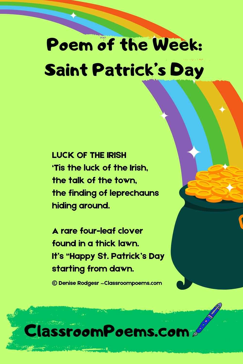 LUCK OF THE IRISH poem of the week by Denise Rodgers on ClassroomPoems.com.