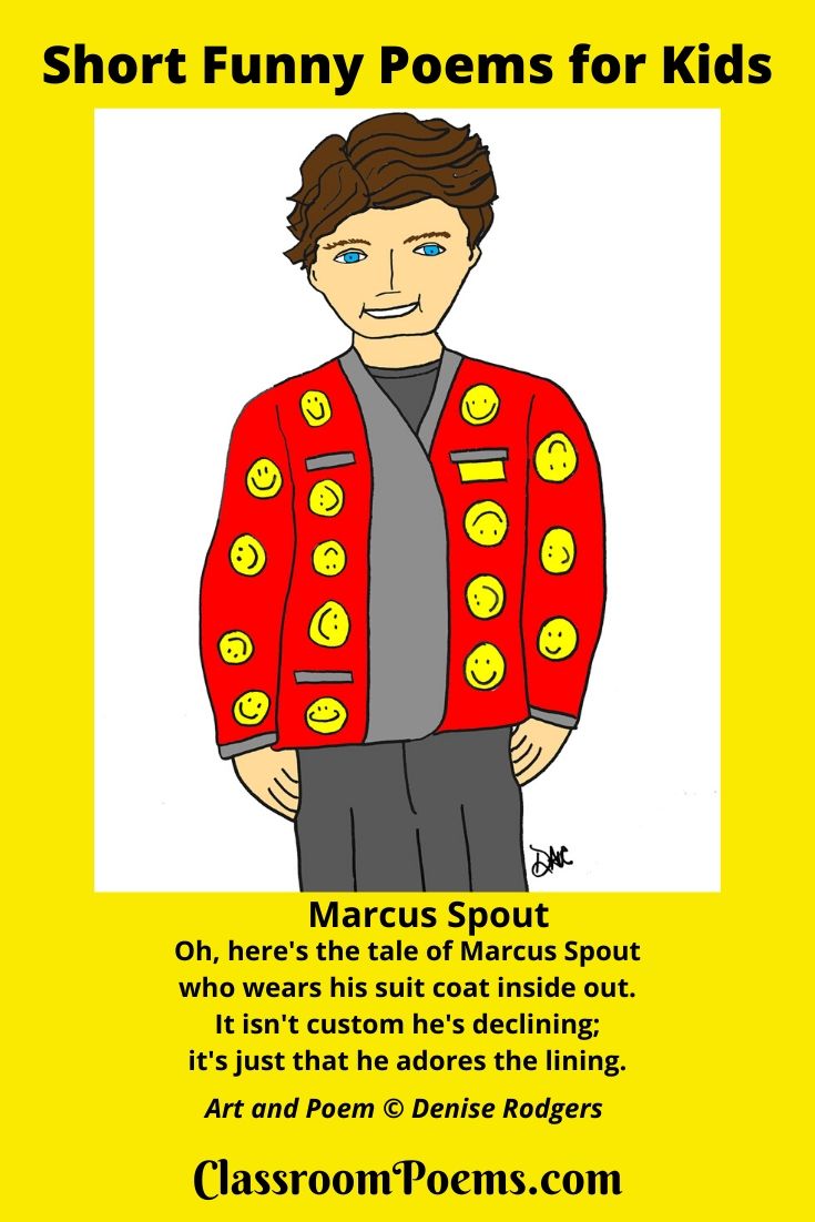 Marcus Spout suit coat inside drawing. Short funny poem Marcus Spout. By Denise Rodgers of ClassroomPoems.com.