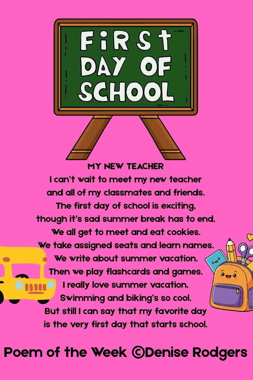 MY NEW TEACHER, a poem of the week for kids about the first day of school by Denise Rodgers on ClassroomPoems.com.