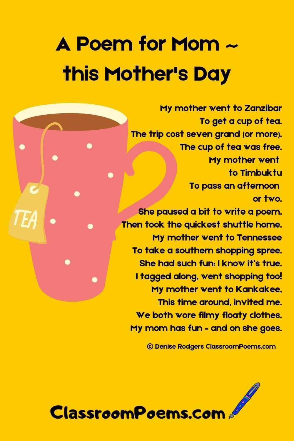 Mothers Day poems for kids by Denise Rodgers on ClassroomPoems.com.