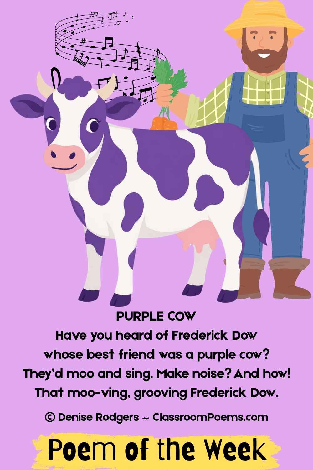 PURPLE COW, a short funny poem of the week for kids by Denise Rodgers on ClassroomPoems.com.
