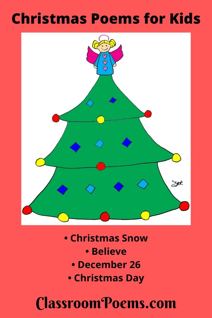 Christmas tree with angel drawing, and funny Christmas poems for kids.