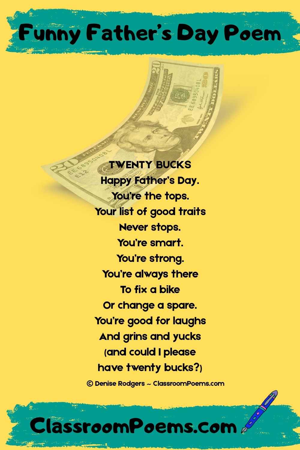 TWENTY BUCKS, a funny Father's Day poem for kids by Denise Rodgers on ClassroomPoems.com.