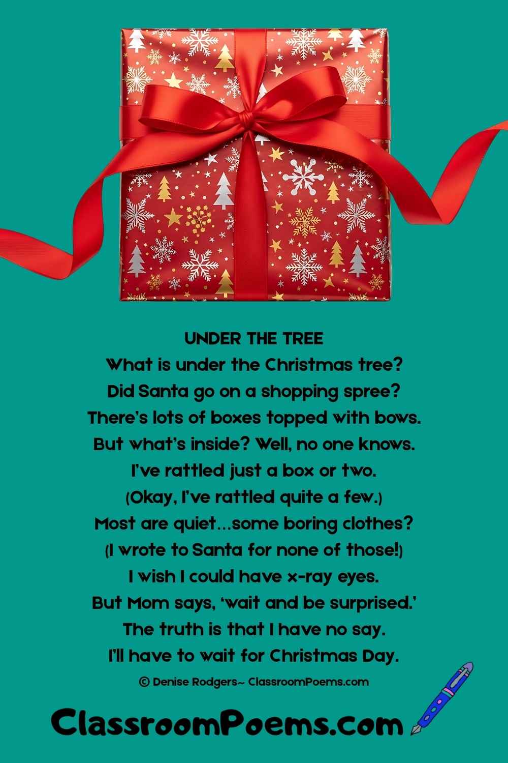 UNDER THE TREE, a Christmas poem for kids by Denise Rodgers on ClassroomPoems.com.