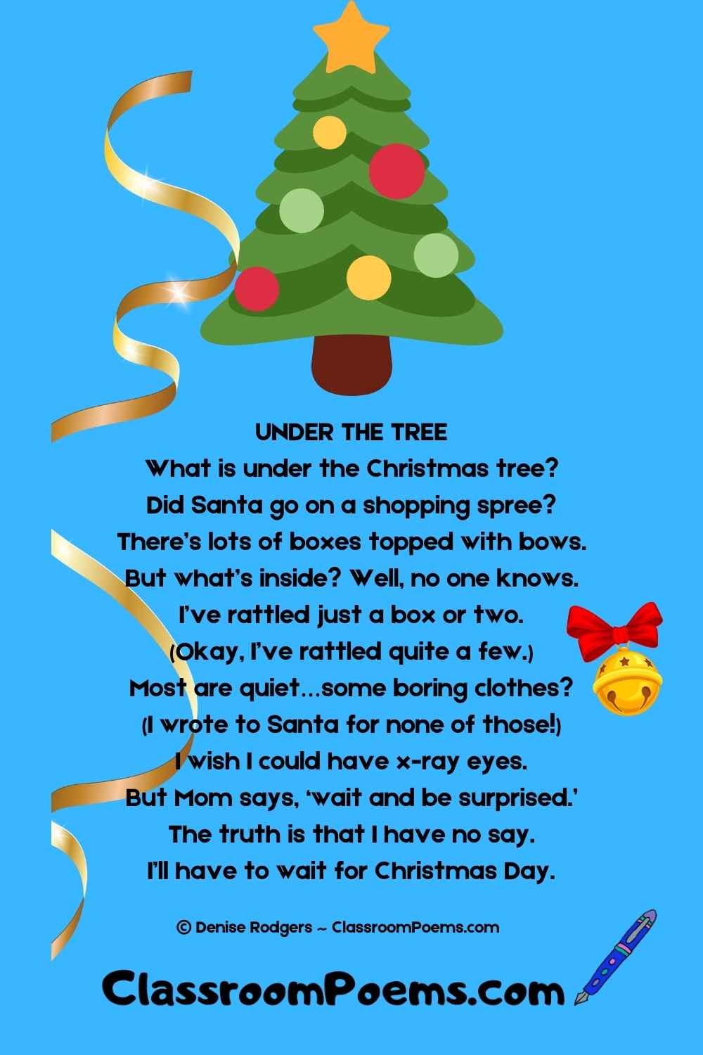 A Christmas Poem for Kids featured on the Poem of the Week page, by Denise Rodgers on ClassroomPoems.com.