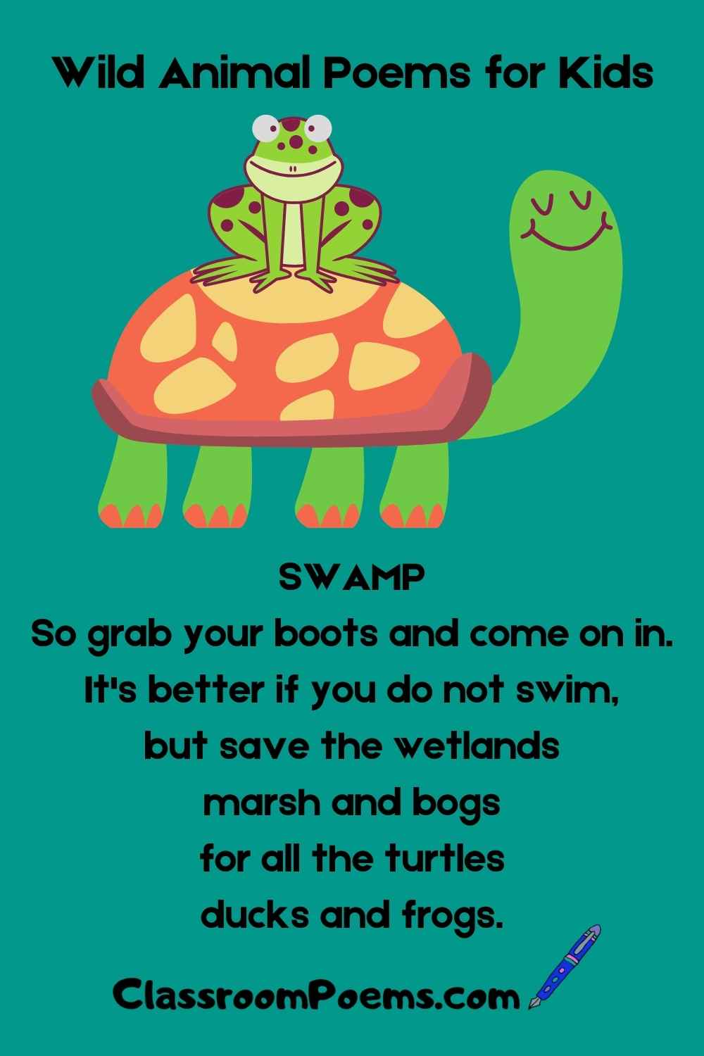 Swamp poem, wild animal poems for kids on ClassroomPoems.com